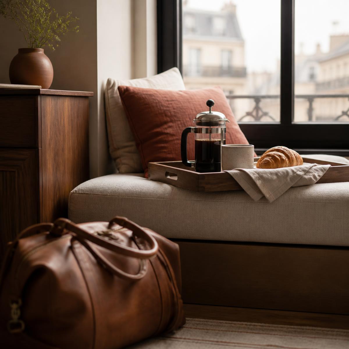 Frühstückstablett und Reisetasche am Fenster einer Ferienwohnung