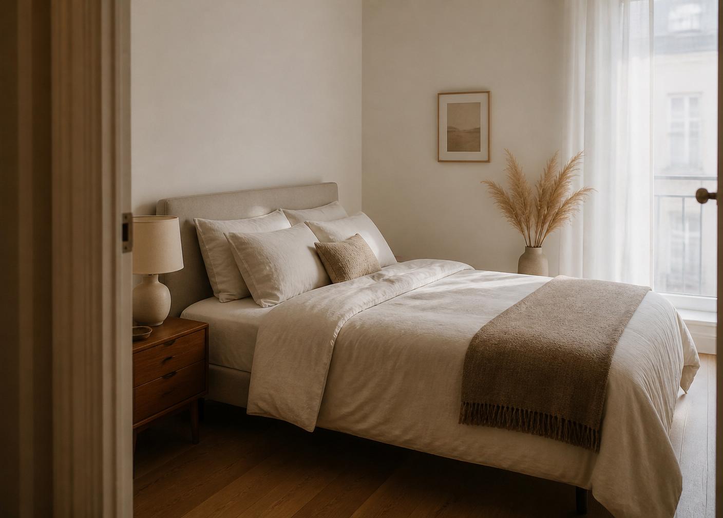 Frisch eingerichtetes Schlafzimmer einer möblierten Wohnung