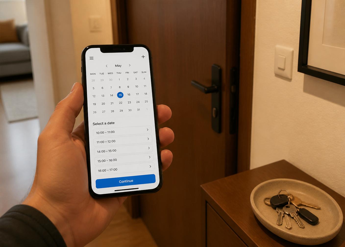 Smartphone mit Buchungskalender vor einer Wohnungstür mit Schlüssel